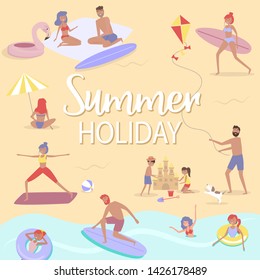 Summer beach concept. Different scenes of people on the beach. People relax on the beach, sunbathe, play sports and yoga, swiming in the sea, ride the surf. Editable vector illustration.
