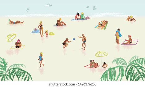 Summer beach concept. Different scenes of people on the beach. People relax on the beach, sunbathe, play sports, swiming in the sea. Vector illustration