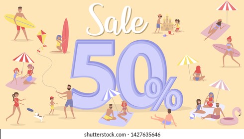 Summer beach concept discount poster, offer, sale illustration. Different scenes of people on the beach. People relax on the beach, swiming in the sea, ride the surf. Editable vector illustration.