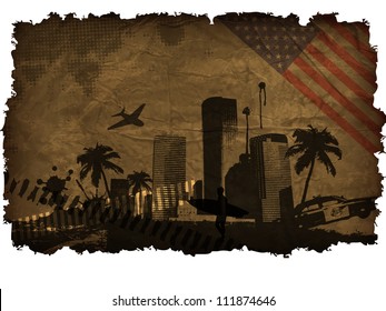 Summer beach concept downtown party city with palm tree and colorful paint splat , old American flag