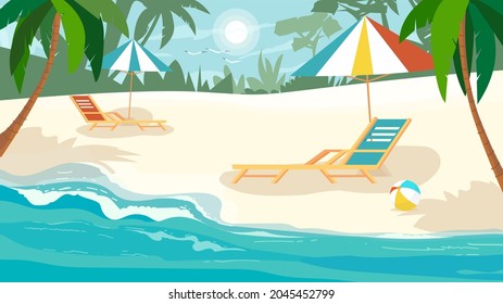 Concepto veraniego de playa en diseño de dibujos animados planos. En verano podrá descansar junto al mar. Playa de arena con palmeras, tumbonas con sombrillas, mar o mar. Fondo horizontal de la ilustración del vector