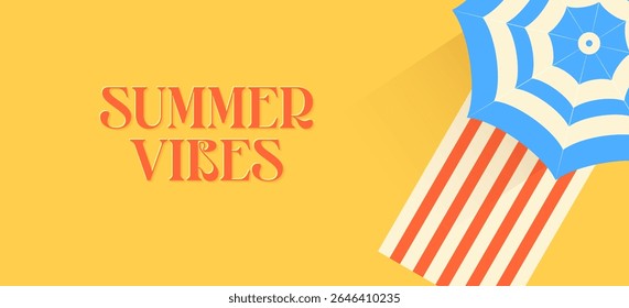 Summer beach concept. Summer holidays design template for promo poster, web banner, social media and mobile apps. Top view background with umbrella and beach towel