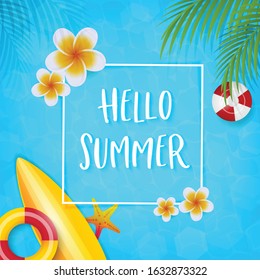 Summer beach concept infographic, Vector illustrator with flower, coconut leaves and summer beach accessories on light blue background   