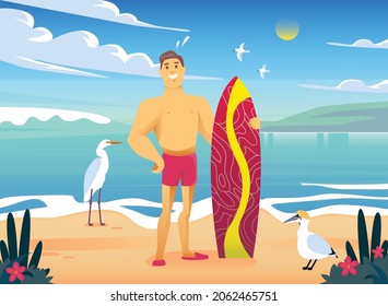 Summer beach concept. Man ready to surf with birds vector design illustration