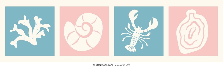 Summer and beach concept poster card set. Modern abstract prints with hand drawn coastal, lobster, seashells, coral. Summer holiday, sea, surf theme, vacation travel illustrations. vintage wall decor.