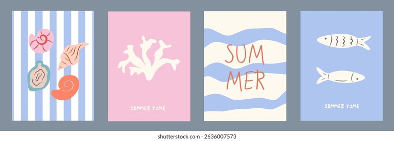 Summer and beach concept poster or card set. Modern abstract prints with hand drawn coastal, fish, seashells, coral. Summer holiday, sea, surf theme, vacation travel illustrations. vintage wall decor.