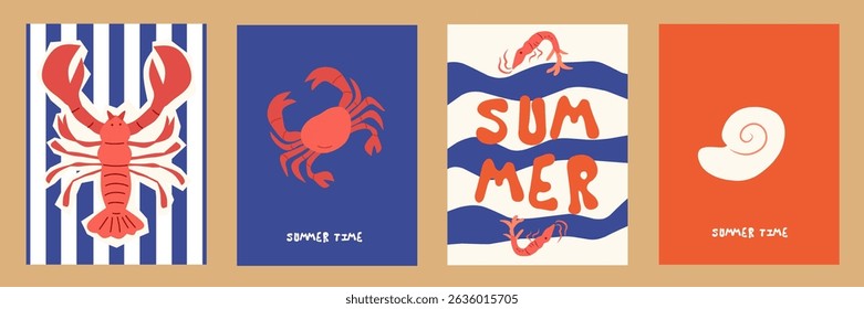 Summer and beach concept poster card set. Modern abstract prints with hand drawn lobster, shrimp, seashells, coral. Summer holiday, sea, surf theme, vacation travel illustrations. vintage wall decor.
