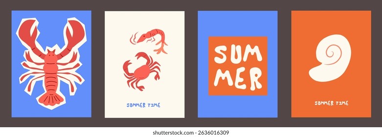 Summer and beach concept poster card set. Modern abstract prints with hand drawn lobster, shrimp, seashells, coral. Summer holiday, sea, surf theme, vacation travel illustrations. vintage wall decor.