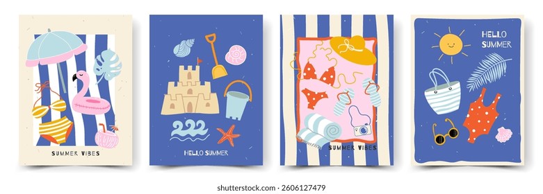 Summer and beach Concept poster, cover, card set with trendy hand-drawn abstract prints. Summer weekends and holidays, vacation, travel illustrations.