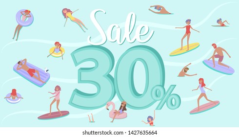 Summer beach concept sale poster, discount. Different scenes of people on the beach. People relax on the beach, swiming in the sea, ride the surf. Editable vector illustration.