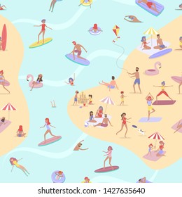 Summer beach concept seamless pattern. Different scenes of people on the beach. People relax on the beach, sunbathe, play sports and yoga, swiming in the sea, ride the surf. Editable vector illustrati