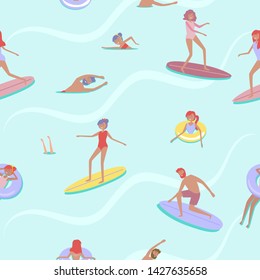 Summer beach concept seamless pattern. Different scenes of people on the beach. People relax on the beach, swiming in the sea, ride the surf. Editable vector illustration.