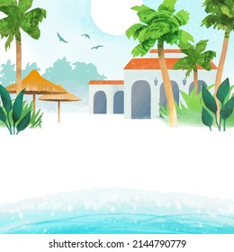 Summer and beach concept. Vector travel template with beach, palm trees, cottage and sea. All elements are individual objects