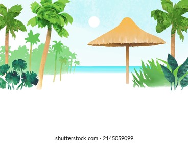 Summer and beach concept. Vector travel template with beach, palm trees, cottage and sea. Watercolor hand drawn template with place for text or illustration