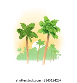 Summer and beach concept. Vector watercolor travel illustration with palm trees and sunset. Romantic landscape for poster, print, banner, card