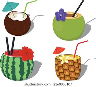 Summer beach cooling cocktails served in fruits vector illustration