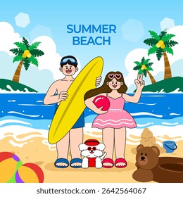Summer Beach. Couples and Dogs Enjoying Summer Vacation at the Beach.