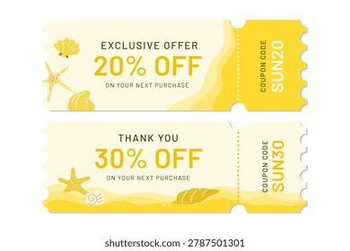 Summer beach coupon template set with starfish, shells and sand elements. Modern seaside discount vouchers for shopping, seasonal promotions, retail marketing, travel and vacation offers.