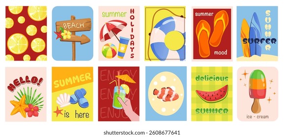 Summer beach cover typography template for posters, prints. Minimalistic banners set with summertime sea travel, surfboards, seashells, watermelon, cocktail, ice cream, other. Vector illustration.