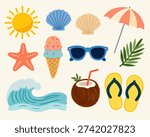 Summer beach cozy elements in flat style collection for seasonal decor. Perfect for branding, packaging, prints, and patterns.