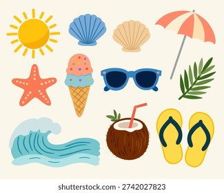 Summer beach cozy elements in flat style collection for seasonal decor. Perfect for branding, packaging, prints, and patterns.