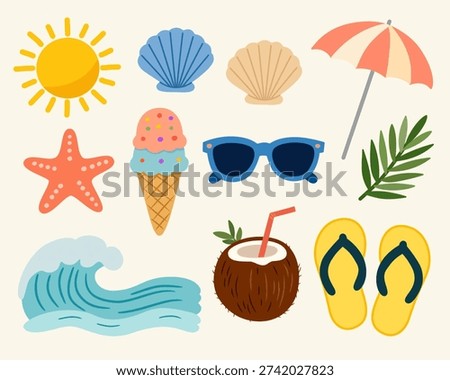 Summer beach cozy elements in flat style collection for seasonal decor. Perfect for branding, packaging, prints, and patterns.
