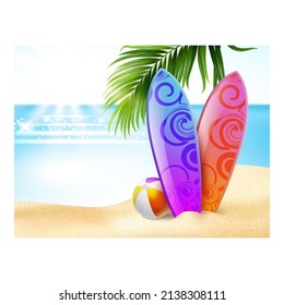 Summer Beach Creative Promotion Banner Vector. Surfing Board And Ball On Seashore Sand, Summer Beach Accessories For Resting Vacation On Advertising Poster. Style Concept Template Illustration