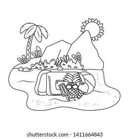 Summer and beach cute cartoons in black and white