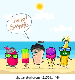 verano en la playa con personajes bonitos helados y bebidas