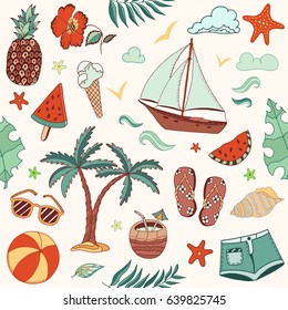 Summer beach cute doodle hand drawn vector illustrations seamless pattern