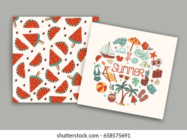 Summer beach cute doodle hand drawn vector illustrations card