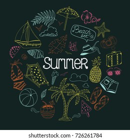 Summer beach cute doodle hand drawn vector illustrations