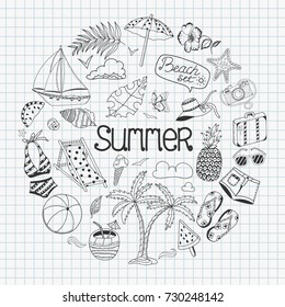 Summer beach cute doodle hand drawn vector illustrations