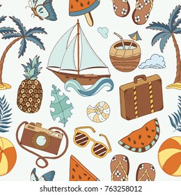 Summer beach cute doodle hand drawn vector illustrations seamless pattern