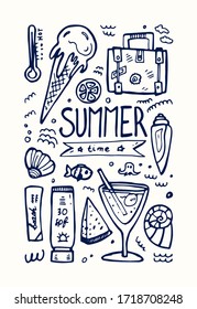 Señal linda de verano y playa. Conjunto de ilustraciones vectoriales. Diseño para agitadores, afiche, publicación en medios sociales. Iconos de doodle positivos, elementos de vacaciones. Aislado sobre fondo blanco.