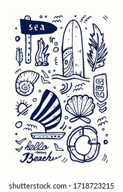 Summer and beach cute sign. Vector illustration set. Design for stikers, poster, social media post. Positive doodle icons, vacation elements. Isolated on white background.