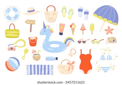Summer beach cute vector set design elements. Bright hand drawn sticker in flat style for summer holiday. Icon cartoon collection