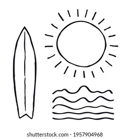 Summer beach decorative set Surfboard sun waves doodle logo icon sign Hand drawn sketch ink Cartoon children's style design Fashion print clothes apparel greeting invitation card cover flyer poster