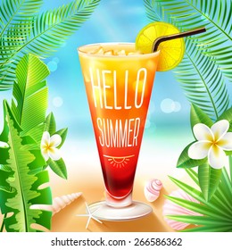 Summer beach design with cocktail drink glass and exotic palm branches on background vector illustration