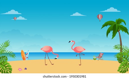 Summer beach design featuring flamingos And the background is the sea Summer for a beach vacation.