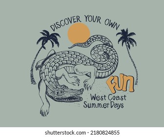 summer beach design with funny crocodile vector illustration
