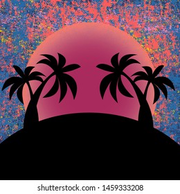 Summer beach design. Poster print design, vector illustration. Tropical sunset. Exotic summer print. Fabric texture. black palm trees on the background of the sunset. Summer holiday vacation.