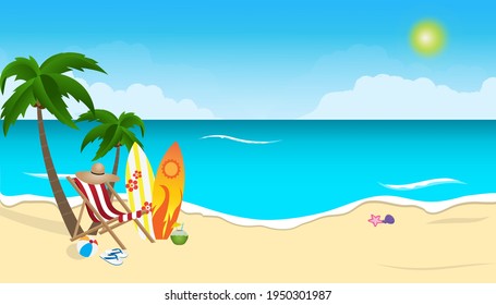 Summer beach design in the seashore with surf Boards and chairs. It has a sea background with bright sunlight. Summer for a beach vacation