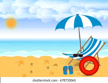 Summer beach design in the seashore with beach umbrella and chair