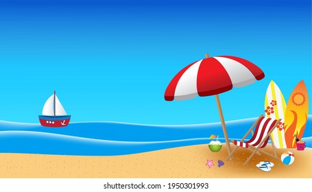 Summer beach design in the seashore with beach umbrellas and chairs. It has a sea background. Summer for a beach vacation