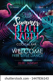 Summer beach disco party typography poster with flamingo and fluorescent tropic leaves. Nature concept