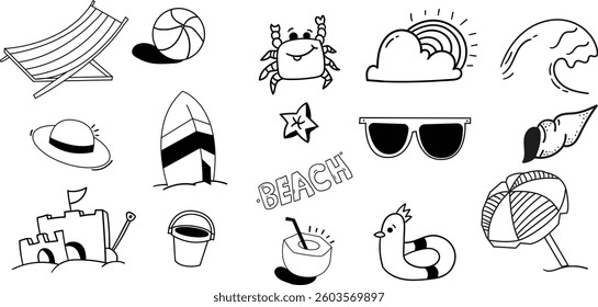 Summer Beach doddle,Cute doddle design pack,Hand Drawn set,Summer background design element,Fun beach icon.