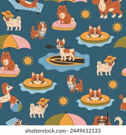 Patrón sin fisuras de perro de playa de verano. Fondo moderno con actividad de mascotas. Lindos cachorros de raza pura de dibujos animados nadando tomando el sol jugando con el buceo de pelotas. Ilustración vectorial