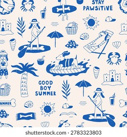 Summer Beach Dog Seamless Pattern. Vintage Mediterranean Dachshund Puppy Summertime Activity Background. Retro Pet Vacation Texture. Vector illustration 
