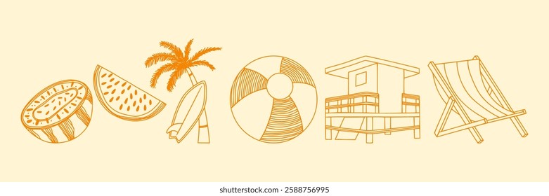 Summer beach doodle collection featuring hand-drawn watermelon, palm tree, beach ball, lifeguard station, and lounge chair icons for a playful holiday design.